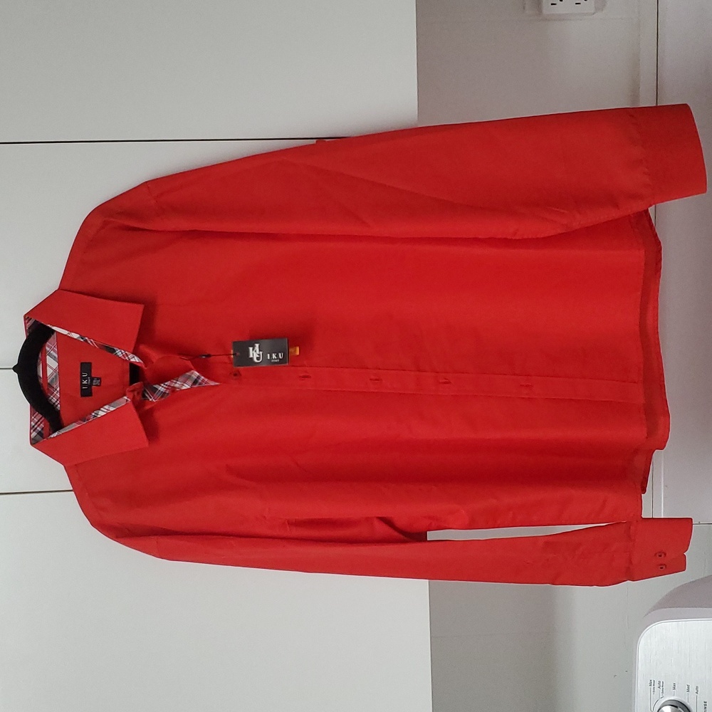 I.K.U. 2XL Mens Red Long Sleeved button down shirt plaid collar interior Reg Fit
